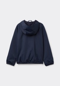 Námořnická modrá, lehká bunda s kapucí. Obsahuje elastické manžety a pas. Hladký povrch a jednoduchý design, vhodný pro různé aktivity.