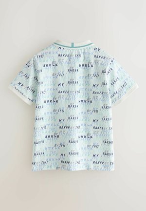 Kurzärmliges Hemd aus leichtem blauem Stoff mit einem wiederholten Textmuster in verschiedenen Blau- und Schwarztönen. Gerippter Kragen.