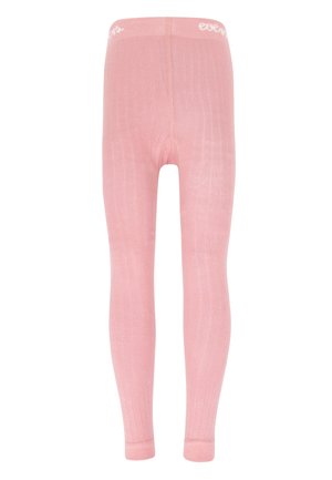 Rosa gerippte Strumpfhosen mit weicher Textur, ausgestattet mit einem breiten Bündchen mit Markenlogo. Das Design enthält vertikale Linien.