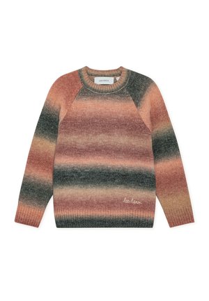 Trøje med rund hals, med en gradient af rust, fersken og grønne striber. Fremstillet af blødt materiale med ribkantede ærmekanter; logo nederst.