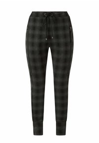 Svarta och grå rutiga joggers med dragsko i midjan, fickor med dragkedja på sidorna och smalnande ärmslut. Mjuk tyg med en texturerad yta.