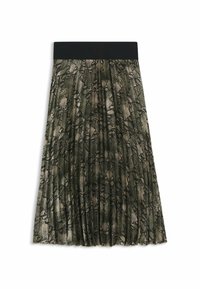 Spódnica plisowana z czarnym pasem, ozdobiona teksturowym, zielonym wzorem w węża na jasnym tle.