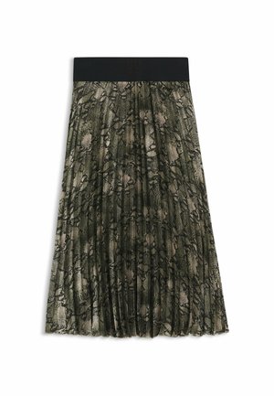 Jupe plissée avec une taille noire présentant un motif texturé de serpent vert sur un fond clair.