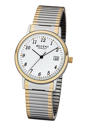 Montre-bracelet ronde avec cadran blanc, chiffres noirs, accents dorés, affichage de la date à 3 heures et bracelet extensible en métal bicolore argent et or.