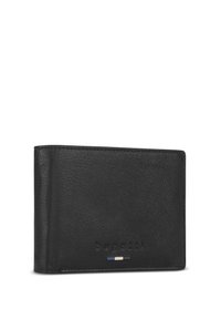 Black leather wallet with a textured finish, featuring embossed "bugatti" logo and subtle tri-color accent stripe. Compact and rectangular design.