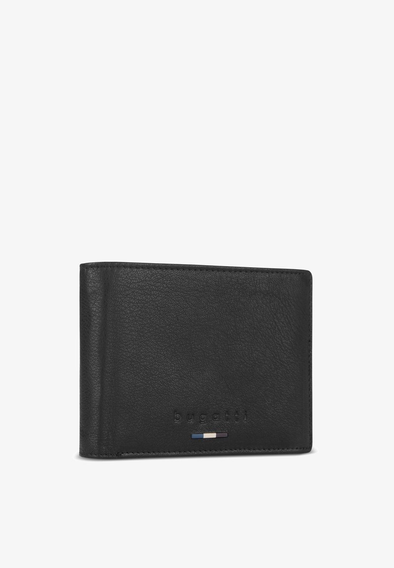 Black leather wallet with a textured finish, featuring embossed "bugatti" logo and subtle tri-color accent stripe. Compact and rectangular design.