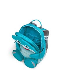 Türkiser Kinder-Rucksack mit einem verspielten Charakterdesign, zwei runden Reißverschlussfächern und einem geräumigen Innenfach mit weicher Fütterung.