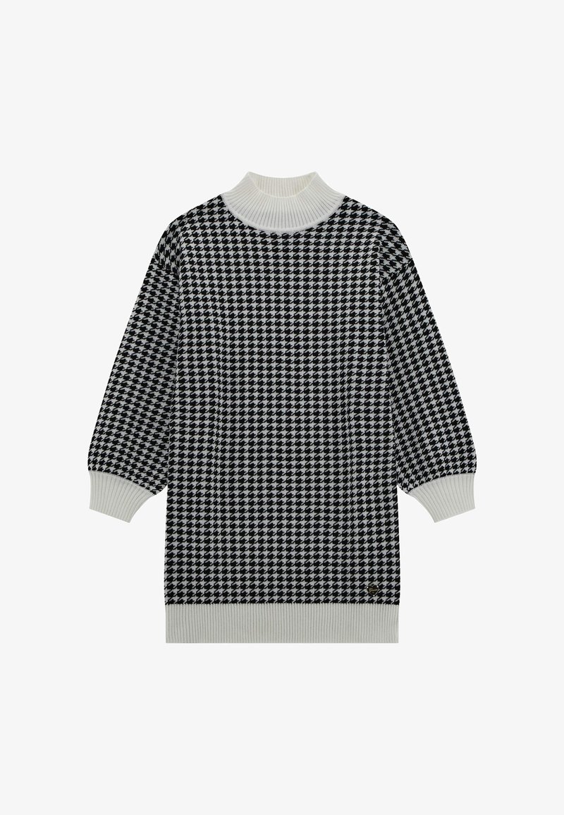 Juoda ir balta houndstooth rašto megztinis su aukštu ribotu apykakle ir plačiomis rankovėmis. Tekstūruota mezgimo medžiaga.