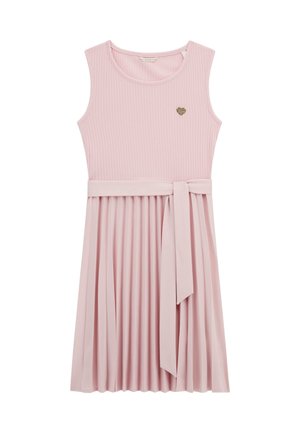 Pink sleeveless dress with ribbed bodice and pleated skirt. Features a matching belt and a small heart emblem on the chest. Soft fabric texture.