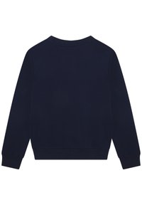 Sweatshirt blu navy, in misto cotone, maniche lunghe, colletto rotondo, polsini e orlo a costine, vista posteriore, texture liscia, senza motivi o dettagli visibili.