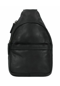Borsa a tracolla nera in pelle con parte superiore arrotondata, chiusura con zip e tasca frontale. Presenta una texture liscia e accenti hardware minimali.