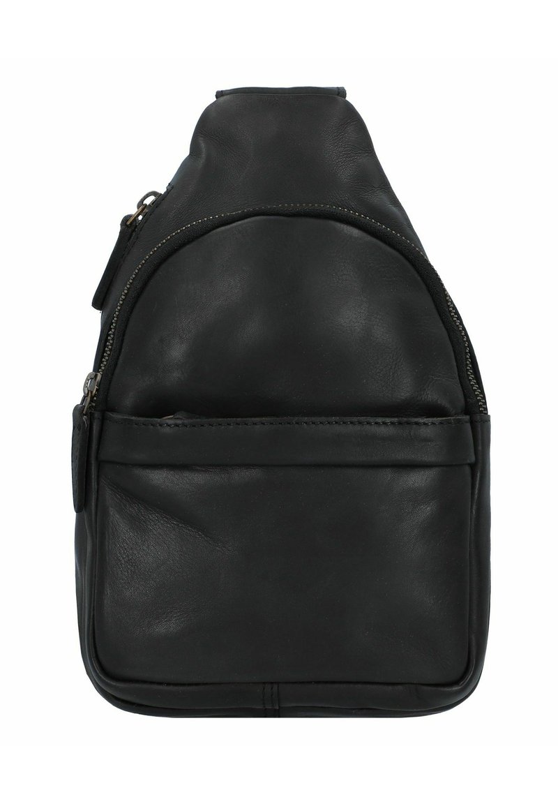 Borsa a tracolla nera in pelle con parte superiore arrotondata, chiusura con zip e tasca frontale. Presenta una texture liscia e accenti hardware minimali.