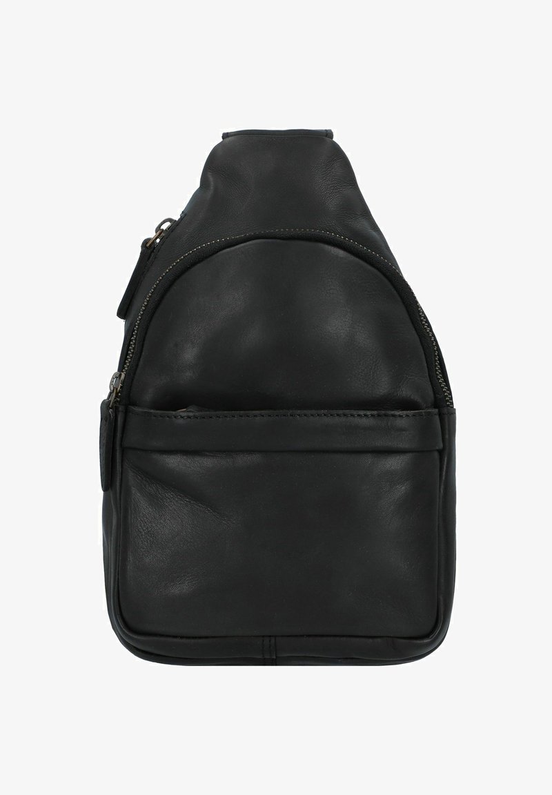 Borsa a tracolla nera in pelle con parte superiore arrotondata, chiusura con zip e tasca frontale. Presenta una texture liscia e accenti hardware minimali.