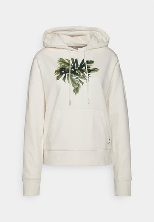 Crème hoodie met een voorzak, verstelbare trekkoorden en een palmblad graphic ontwerp in groen en zwart. Glad textuur met geribbelde manchetten.