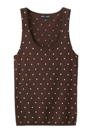 Maiou maro fără mâneci din tricot, cu buline albe mici, uniform distribuite, și decolteu rotund.