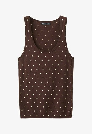 Braunes ärmelloses Stricktop mit gleichmäßig verteilten kleinen weißen Punkten und rundem Ausschnitt.