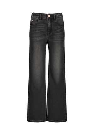 Schwarze High-Waist-Jeans mit weitem Bein, Frontknopf, Reißverschluss und Fünf-Taschen-Design, mit dezenten verblassten Details.