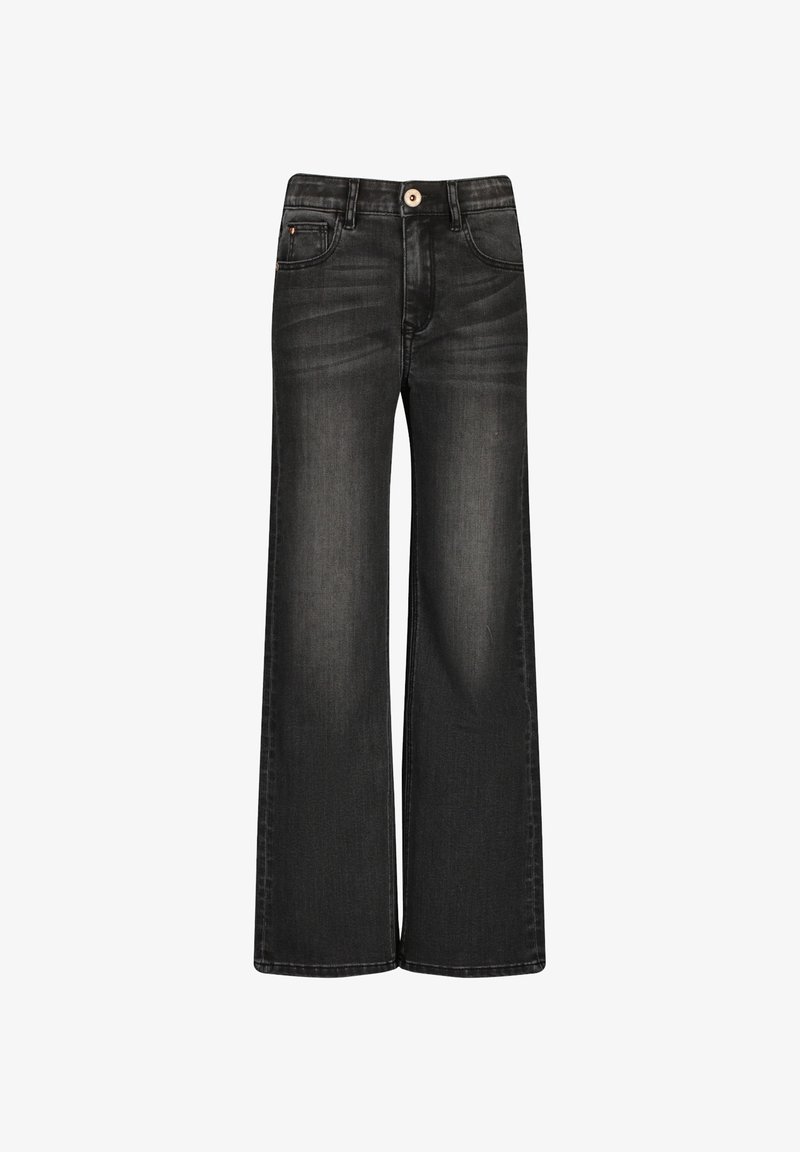 Jean noir taille haute à jambes larges avec bouton à l'avant, fermeture éclair et design à cinq poches, avec des détails subtilement délavés.
