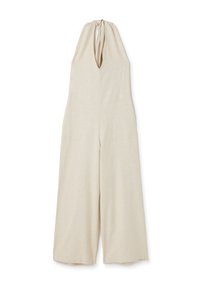 Beige Leinen-Overall mit Trägern und tiefem V-Ausschnitt. Hat weite Beine und eine subtile Textur. Keine sichtbaren Beschläge oder Muster.