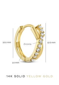 Boucle d'oreille en or jaune 14 carats massif avec une rangée de pierres zirconia. Dimensions : hauteur de 10 mm, largeur de 12 mm, épaisseur de 1 mm. Fini poli.