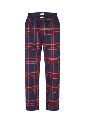 Marineblauwe en rode geruite pyjamabroek met witte accenten en een marineblauwe trekband in de taille.