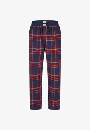 Marineblauwe en rode geruite pyjamabroek met witte accenten en een marineblauwe trekband in de taille.