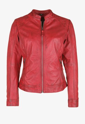 Red leather jacket with a fitted design, featuring a stand-up collar, zip front, and side zip pockets. Textured shoulder accents.