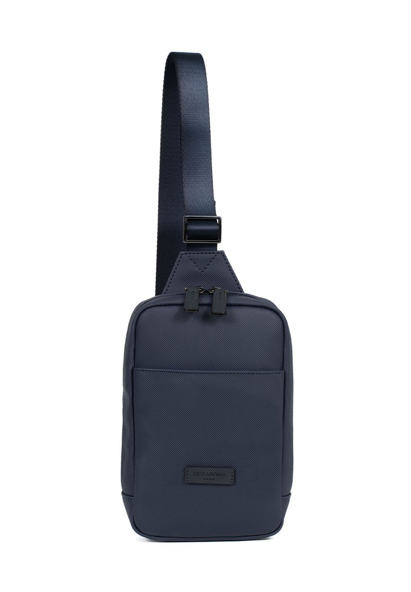 Borsa a tracolla navy realizzata in tessuto texturizzato, con due scomparti con zip, tracolla regolabile e un'etichetta con logo sul davanti.