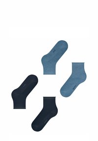 Vier paar sokken in donker marineblauw en lichtblauwe tinten. Heeft een textuurdesign en elastische boorden. De materialen lijken zacht en ademend.
