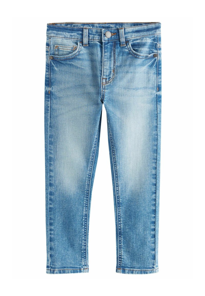Sinine denim teksased on slim-fit, heledate pesudega ja tuhmumisega piirkondadega, viie tasku disainiga ning metallist nupuga ees.