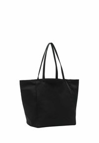 Czarna torba tote wykonana z trwałego materiału, z dwoma solidnymi uchwytami, prostokątnym kształtem i prostym, nieozdobionym wzornictwem.