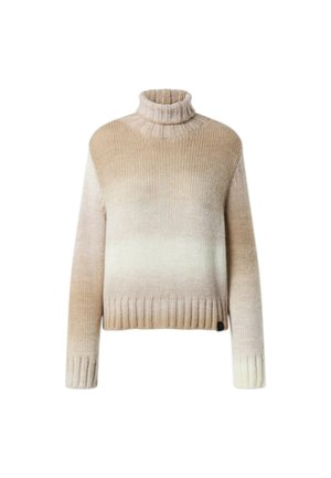 Pull en maille crème et beige avec un design dégradé. Comprend des poignets et un ourlet côtelés, un matériau en laine texturé et une coupe décontractée.