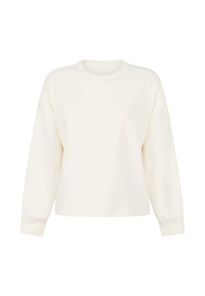 Crème sweatshirt met een ronde hals, lange mouwen en ribgebreide manchetten. Gemaakt van zachte stof, heeft het een relaxte pasvorm en een gladde textuur.