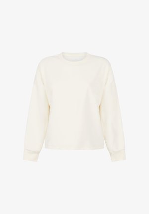 Crème sweatshirt met een ronde hals, lange mouwen en ribgebreide manchetten. Gemaakt van zachte stof, heeft het een relaxte pasvorm en een gladde textuur.