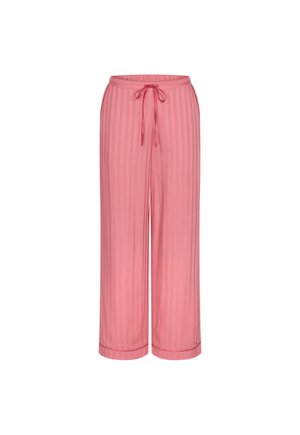 Ροζ παντελόνι με φαρδιά μπατζάκια και κάθετες ρίγες, με ελαστική μέση και μπροστινό κορδόνι, κατασκευασμένο από ελαφρύ ύφασμα.