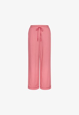 Rózsaszín, bőszárú nadrág függőleges csíkokkal, elasztikus derékkal és elöl húzózsinórral, könnyű anyagból készült.