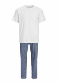 T-shirt en coton blanc à col rond accompagné d'un pantalon rayé bleu et blanc en matériau léger.
