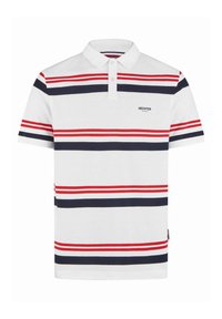 Witte poloshirt met rode en marineblauwe horizontale strepen, met een knoopsluiting met twee knopen en korte mouwen. Bevat een klein logo op de borst.