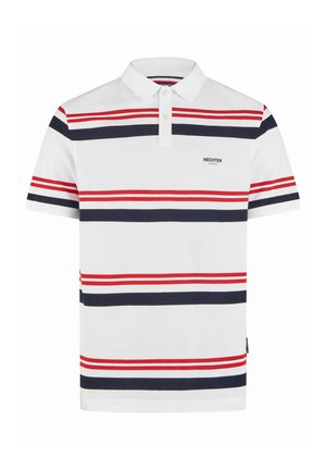 Witte poloshirt met rode en marineblauwe horizontale strepen, met een knoopsluiting met twee knopen en korte mouwen. Bevat een klein logo op de borst.