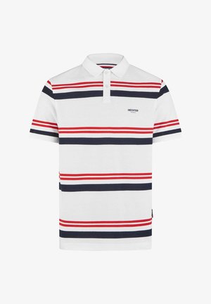 Witte poloshirt met rode en marineblauwe horizontale strepen, met een knoopsluiting met twee knopen en korte mouwen. Bevat een klein logo op de borst.