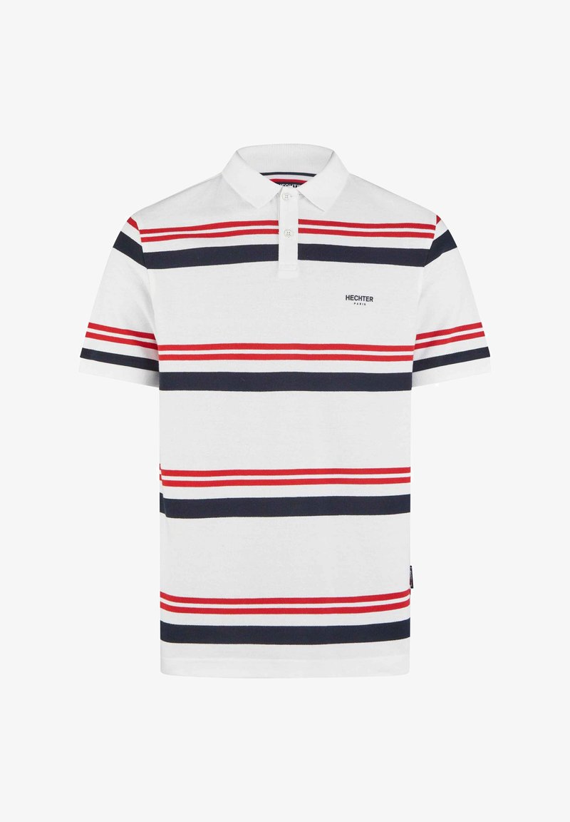 Witte poloshirt met rode en marineblauwe horizontale strepen, met een knoopsluiting met twee knopen en korte mouwen. Bevat een klein logo op de borst.
