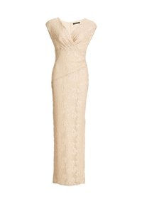 Robe de soirée beige sans manches avec décolleté en V, taille cintrée et motif en dentelle florale couvrant toute la longueur.
