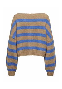 Maglione accorciato marrone con strisce blu, caratterizzato da maniche oversize e orlo a costine. Realizzato in un tessuto morbido e testurizzato.