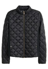 Veste matelassée noire avec un col haut, fermeture à glissière sur le devant et panneaux latéraux. Présente un motif texturé et une coupe ajustée.