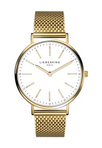 Gold Mesh-Uhrenarmband mit einem weißen Zifferblatt, goldenen Stundenmarkierungen und vier kleinen Kristallen. Hat ein minimalistisches Design und ein rundes Metallgehäuse.