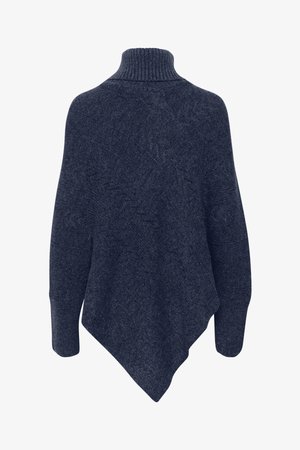 Marinblå stickad poncho med hög krage, med en texturerad finish och en asymmetrisk kant som smalnar av till en punkt framtill.