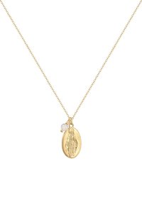 Goldene Halskette mit einem ovalen Anhänger, der eine erhabene Figur zeigt. Neben dem Anhänger hängt eine kleine weiße Akzentperle an einer filigranen Kette.