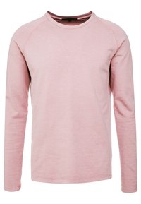 Maglietta a maniche lunghe di colore rosa chiaro con scollatura rotonda. Realizzata in un tessuto morbido, presenta maniche raglan e una texture liscia. Senza fantasie o dettagli decorativi.