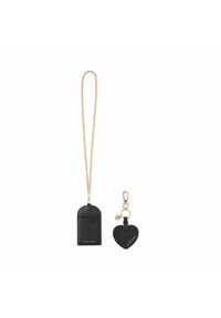 Portafoglio in pelle nera con una tracolla in catena dorata, dalla forma arrotondata e con il nome del brand impresso; include un portachiavi a forma di cuore nero.