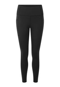 Black leggings with a high waistband, made from stretch fabric. Features side pockets and flat seams for comfort and durability.